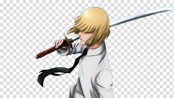 Yellow-haired male anime character holding sword transparent background PNG clipart