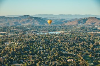 yellow hot air balloon with green trees under