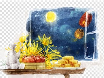 Yellow petaled flowers on table near red crabs painting, China Mooncake Mid-Autumn Festival Illustration, Mid Autumn Festival ink painting transparent background PNG clipart