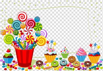 Yellow star and assorted-color candies and cupcakes border , Happy Birthday to You editing Wish, Candy pot and a piece of paper transparent background PNG clipart
