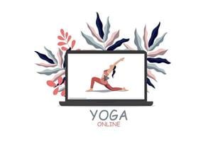 Yoga online class landing page template concept. Girl doing yoga online at home using her laptop. Vector flat cartoon illustration Free Vector