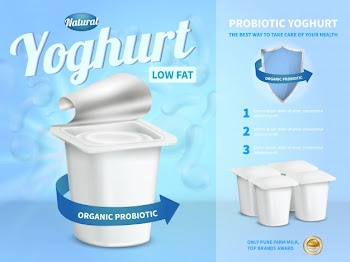 Yoghurt advertising composition with probiotic yoghurt Free Vector
