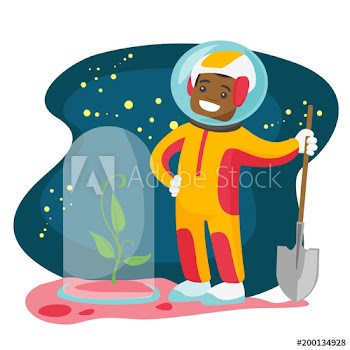 Young african-american astronaut planting a tree on a new planet