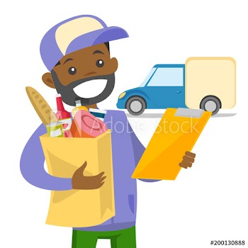 Young african-american delivery courier delivering online grocery shopping order on delivery truck to the home of customer