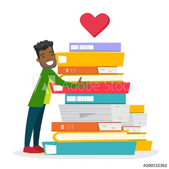 Young african-american male student hugging huge stack of books