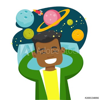 Young african-american sleeping man flying in open space with stars, planets, moon and spaceship