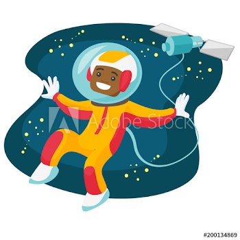 Young african-american space exploration astronaut in spacesuit flying in open cosmos on the background of satellite and stars