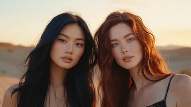 Young Asian and auburn-haired women in Western desert at sunset Young Asian and auburn-haired women in Western desert at sunset