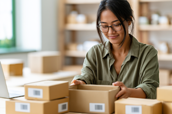 Young Asian Business Owner Packing Parcels in Studio