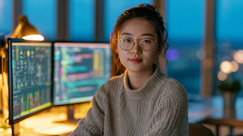 Young Asian Woman Software Engineer in Modern Office at Dusk