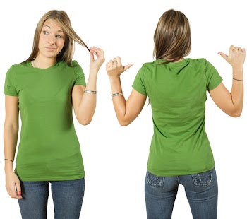 Young beautiful female with blank green shirt, front and back. Ready for your design or logo.