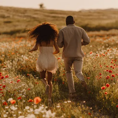 Young Black Couple Running Through a Wildflower Meadow