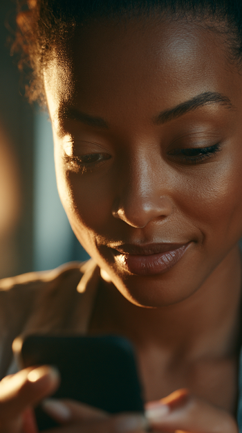 Young Black Woman Engaged with Smartphone in Soft Light