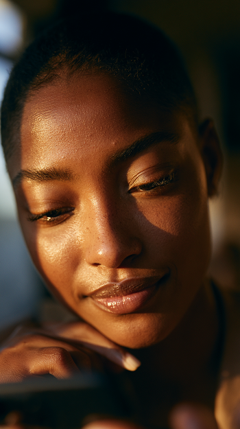 Young Black Woman Engaged with Smartphone in Warm Light