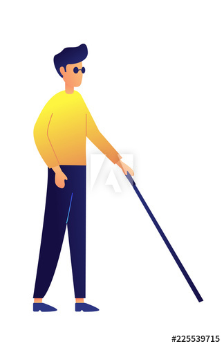 Young blind man in dark glasses walking with stick vector illustration