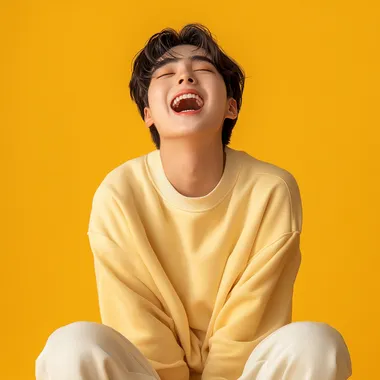 Young boy sitting on floor with eyes closed, joyful reaction, Korean style Young boy sitting on floor with eyes closed, joyful reaction, Korean style