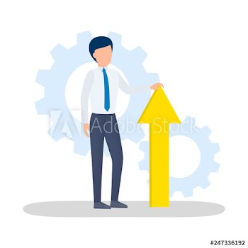 Young businessman holding yellow arrow pointing up