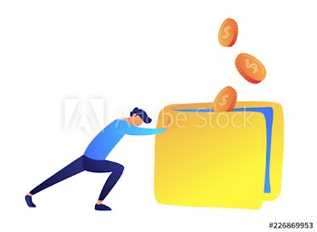 Young businessman pushing big heavy wallet forward and coins falling into it vector illustration