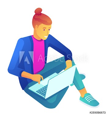 Young businessman sitting cross-legged and working at laptop, tiny people isometric 3D illustration