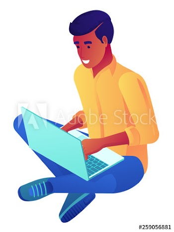 Young businessman sitting cross-legged and working at laptop, tiny people isometric 3D illustration