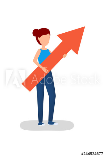 Young businesswoman holding yellow arrow pointing up