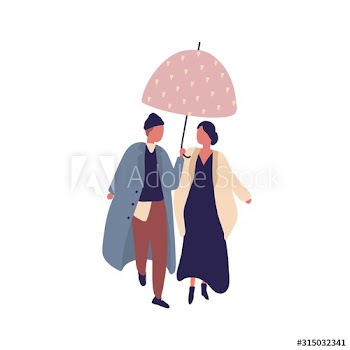 Young casual cartoon couple walking under umbrella at rainy day vector flat illustration