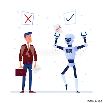 Young caucasian man and robot pass a job interview
