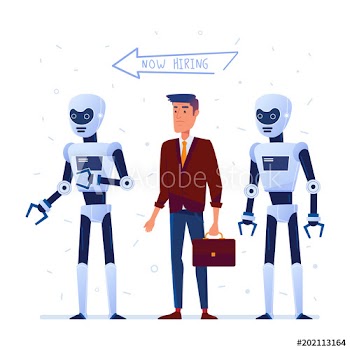 Young caucasian man and robots pass a job interview