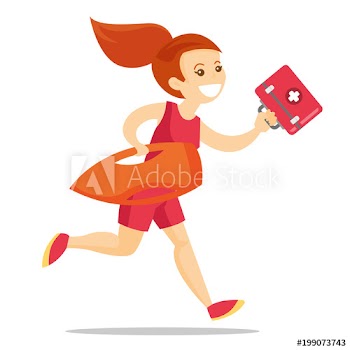 Young caucasian white female lifeguard in red swimsuit running with life preserver buoy and first aid box