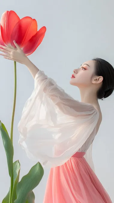 Young Chinese ballet dancer in pink dress beside giant tulip flower