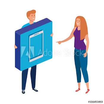 young couple and button with smartphone design