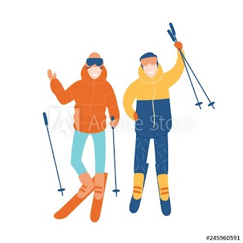 Young couple or pair of friends skiing together