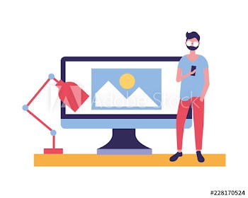 young designer man with computer lamp