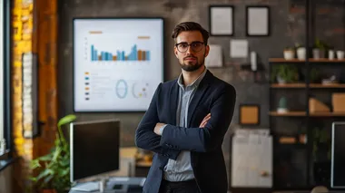 Young entrepreneur with arms crossed in modern office with goal chart Young entrepreneur with arms crossed in modern office with goal chart