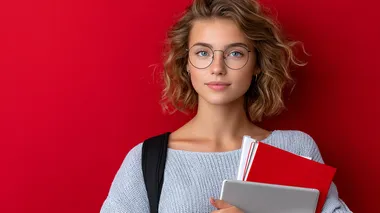 Young Female Student with Backpack and Books on Red Background Young Female Student with Backpack and Books on Red Background