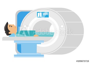 Young frightened caucasian white man undergoes a magnetic resonance imaging scan test