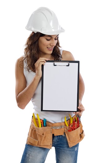 Young Girl with tools for building and a empty poster