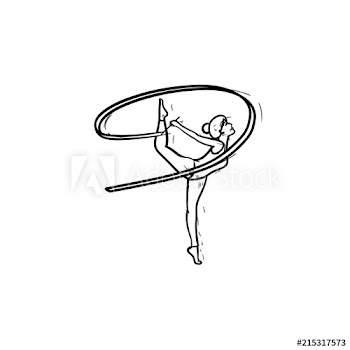 Young gymnast woman standing on one leg with ribbon hand drawn outline doodle icon