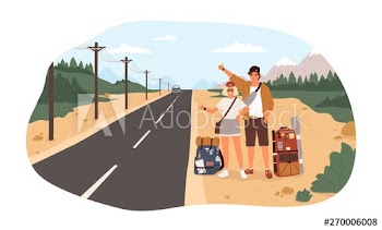 Young happy couple with backpacks standing near road and hitchhiking