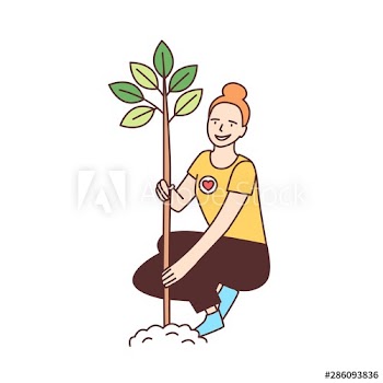 Young happy female volunteer or ecologist planting tree in park isolated on white background
