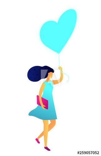 Young happy woman walking with balloon in the shape of heart, tiny people isometric 3D illustration