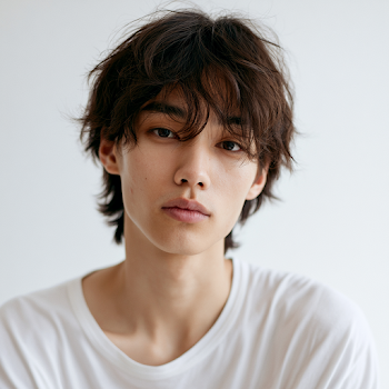Young Korean Man with Cat-Like Features in Studio Portrait