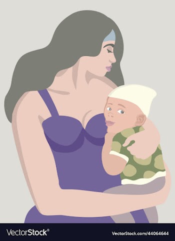 young long-haired mother in violet dress holds