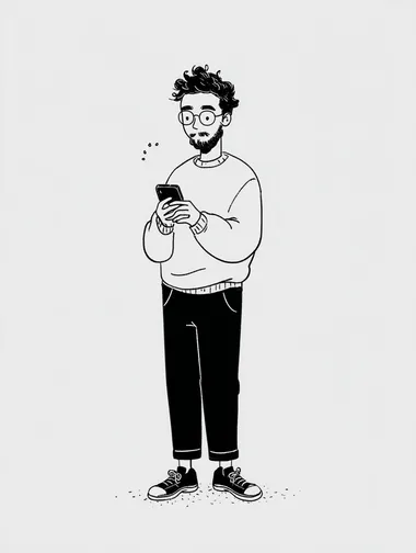 Young Male Character Engaged with Smartphone Young Male Character Engaged with Smartphone