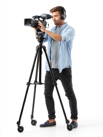 Young Male Videographer Operating Professional Camera on Tripod
