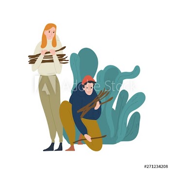 Young man and woman collecting twigs or brushwood for bonfire or campfire