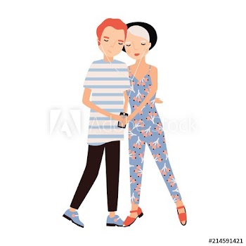 Young man and woman dressed in trendy clothes listening to music using earphones together