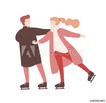 Young man and woman holding hands and ice skating together
