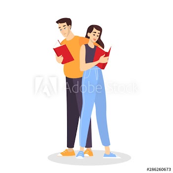 Young man and woman standing and reading