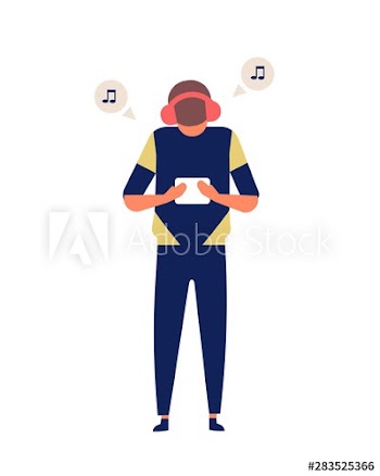 Young man holding tablet computer and listening to music track
